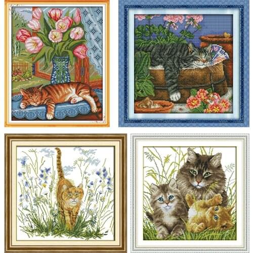 Joy Sunday Cat on The Windowsill Cross Stitch Kits Stamped Printed 11CT 14CT Counted Print Crafts Kit Embroidery Needlework Sets