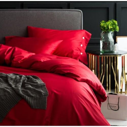 Pure Cotton Princess Bedding Sets Red Soild Color Bedsheet Pillowcases Duvet cover set Queen King Double Size Wedding Bedlinen