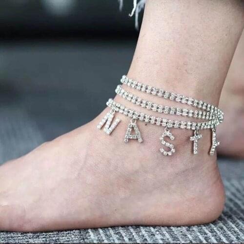 Fashion women Rhinestone lettered Anklet sparkling crystal Beach Party Club mens Bracelet Fashion barefoot chain accessories