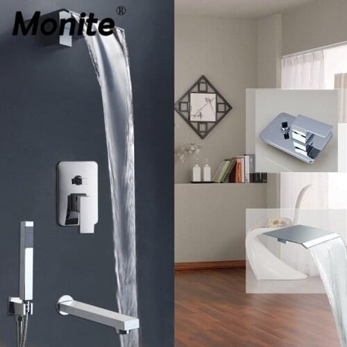Monite Waterfall Shower Faucet Chrome Finish Modern Wall Mounted Shower Set Solid Brass Bathroom Shower sets