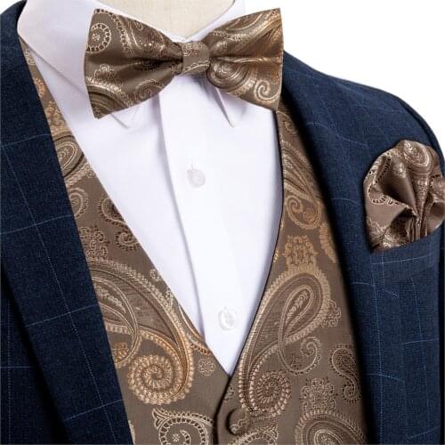 Mens Brown Orange Paisley Wedding Men Silk Waistcoat Vest Bowties Hanky Cufflinks Cravat Set for Suit Tuxedo DiBanGu MJ-113
