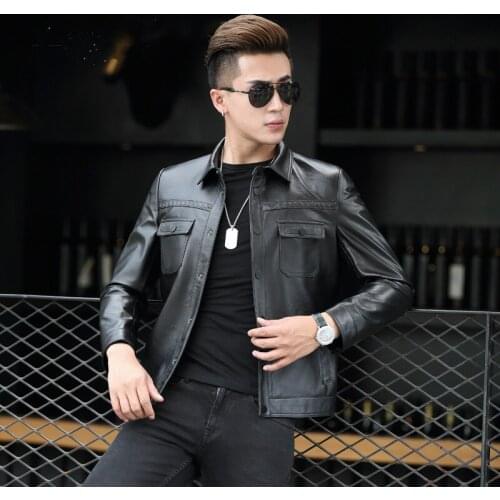Genuine Leather Bomber Jacket Men Sheepskin Leather Coats Short Slim Motocycle Outwear Plus Size 1705 MF418