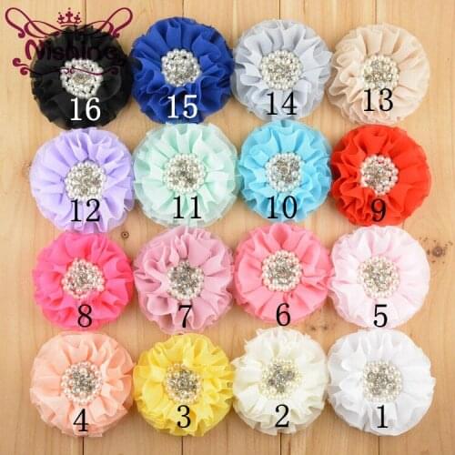 Nishine 20pcs/lot 4 Inch Large Chiffon Beaded Ruffled Flowers Pearl Rhinestone In Center DIY Flower Hair Accessories