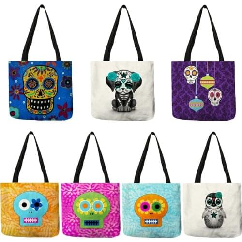 2020 New Arrival Halloween Sugar Skulls Print Handbags Women Shoulder Bag Large Capacity Reusable Shopping Shopper Bags B13128