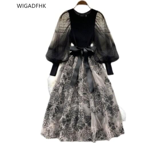 Autumn Knitted Net Yarn Dress Female Winter Printing Stitching O-neck Slim Knitted Dress Retro Floral Dress Vestido