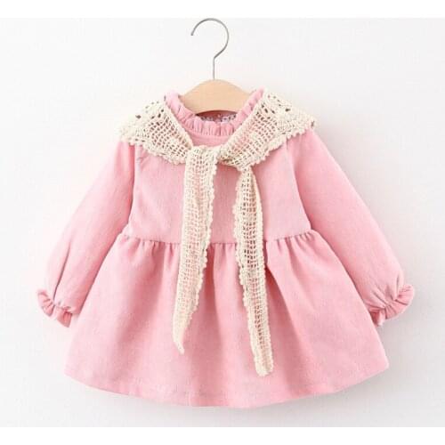 New Infant Baby Long Puff Sleeve Corduroy Dress + Lace Shawl Ruffle Decoration Simple Solid Color Elastic Waist Spring Dress
