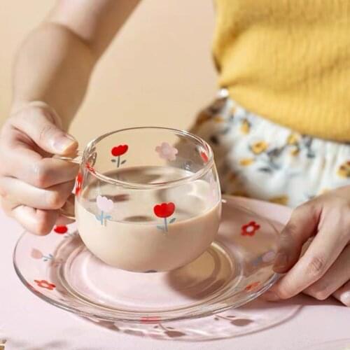 Transparent Glass Water Cup чехол на банку пива Breakfast Saucer Coffee Creative Home Girl Cute очки сердечки 꽃피는 술잔