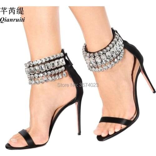 Qianruiti Pure Diamonds Wrap Sandals Satin High Heels String Crystal Embellished Stilettos Gem Palace Sandals Women Summer Dress