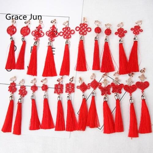 Grace Jun Red Color Rhinestone Long Tassel Clip on Earrings for Women Fashion Chinese Wind Bride Wedding Without Pierced Earring