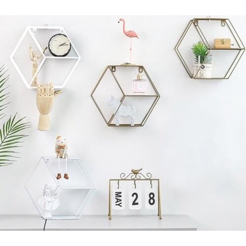 Modern Simple Iron Art Hexagonal Wall Shelf Living Room Bedroom Wall Decoration Storage Shelf Shop Decoration Decorative Frame