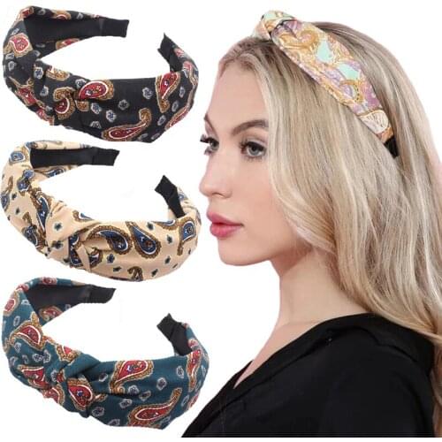 Top Knot Headbands for Women Girls Hairband Cashew Flower Bezel Hair Accessories Wide Print Hair Hoop Bands Tie Female Headdress