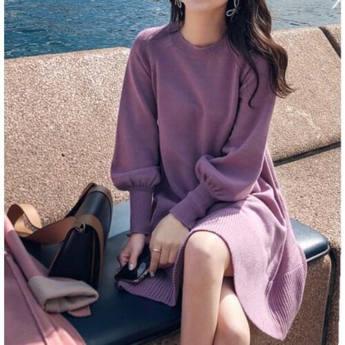 3 Color choose Autumn Knitted Dress O-neck Lantern sleeve A-line Loose Short Dress Solid Oversize Winter Bottoming Sweater Dress