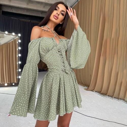 Vintage Dot A-Line Dress With Corset Casual Halter Slash Neck Long Flare Sleeve Mini Dresses For Women 2021 Fashion Lady