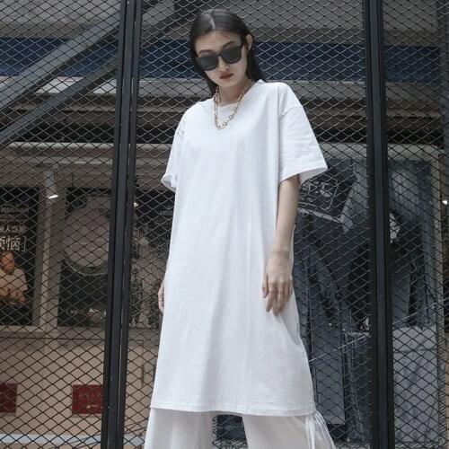 Yamamoto style short sleeve T-shirt womens long summer dark half sleeve wear loose large size over the knee long size top fashi