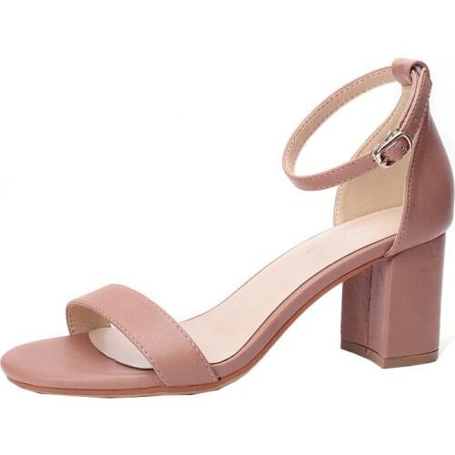 Flock Buckle Strap 6.5CM Thick High Heels Round Toe Shallow Back Strap Sandalias Mujer 2020 Womens Ladies Pumps Fashion black