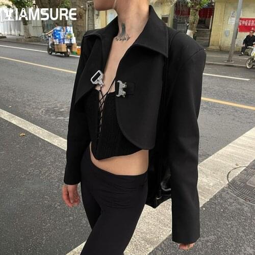 IAMSURE Loose Cropped Tailored Coat Office Ladies Autumn Winter Long Sleeve Turn-Down Collar Cardigan Women 2021 Elegant Fashion