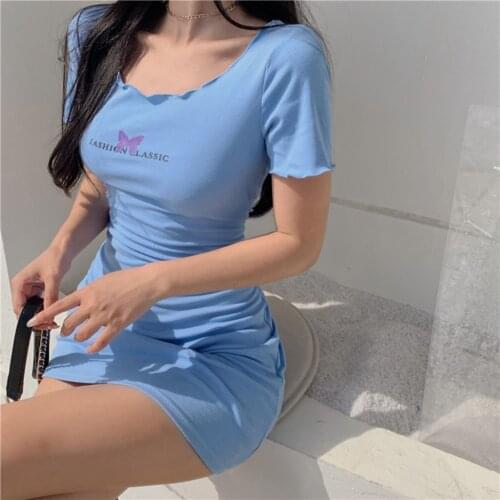 2021Summer Cotton Print O-Neck Women Dress Elastic Bodycon Sexy Solid Mini Dresses Slim Streetwear Outfits