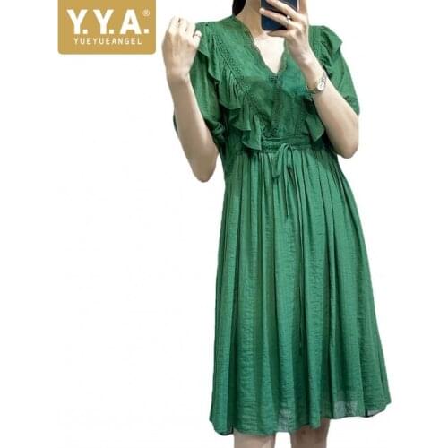 Womens Elegant A-Line Dress 2021 Summer New Korean Style Office Lady V-Neck Spliced Short Sleeve Pullover Fashion Casual Dress