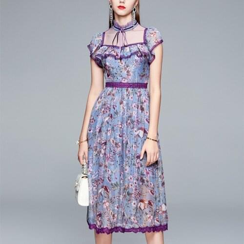 Fashion Runway Summer Flower Dress Women Short Sleeve Gorgeous Mesh Floral Embroidered Ruffles Elegant Party Vestidos