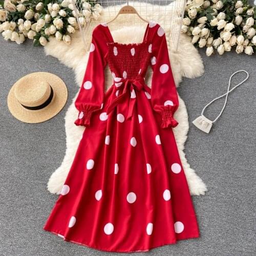 Polka Dot Print Womens Dress Elegant French Vintage Square Collar Long Sleeve Sash Lace Up A-line Midi Party Dress Vestidos