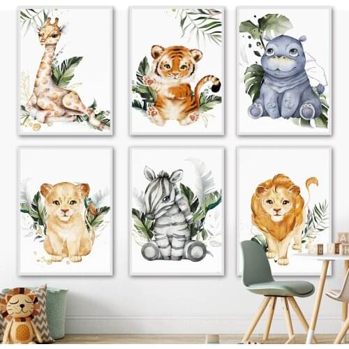 Giraffe Zebra Tiger Lion Hippo Monstera Animal Wall Art Canvas Painting Nordic Posters And Prints Wall Pictures Kids Room Decor