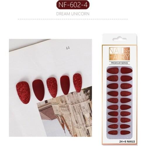 24pcs Color Ballerina Nails Mid-length Wear Finished False Nail Tips With Glue Press Red Glitter Nails Art Fake nails