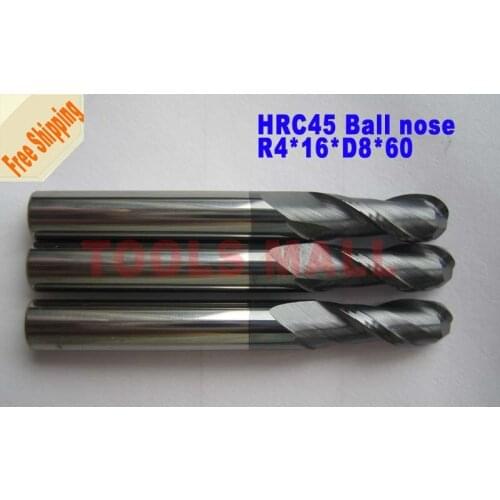 Free shipping - 3pcs 8mm 2 Flutes Ball nose Spiral Bit Milling Tools Carbide CNC Endmill Router bits hrc45 R4*16*D8*60