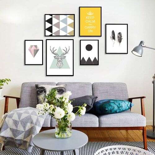 Nordic Abstract Canvas Print Painting Poster of Deer Head,Feather,Diamond,Geometry Sun And Mountain,Quote,Unframed Wall Picture