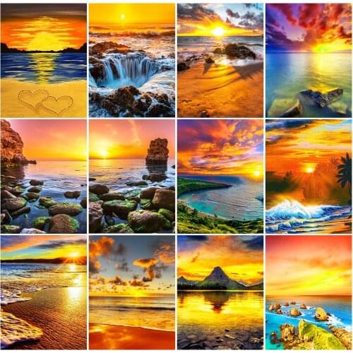 Wholesale Diamond Painting Seaside Yellow Sunset Landscape Mosaic Kit Diamond Embroidery Seaside Scenery Cross Stitch Home Decor