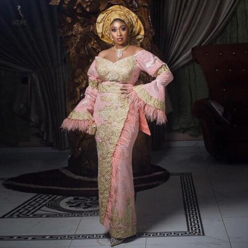Aso Ebi Gorgeous Women Evening Dresses Off the Shoulder Long Sleeves African Nigerian Prom Dress 2020 Feathers Lace Formal Gowns