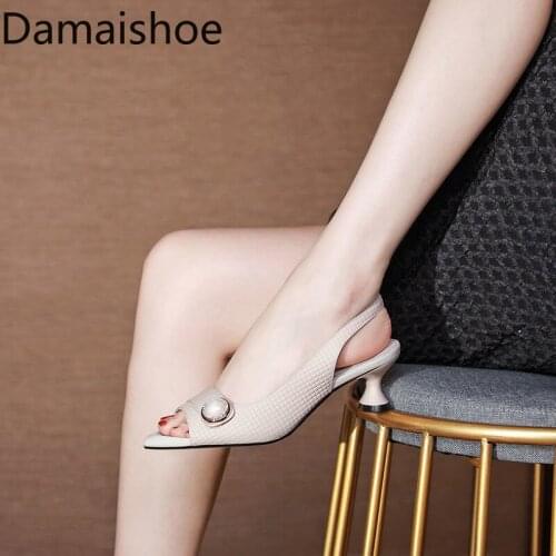 Peep Toe Sandals Women Summer 2021 New Soft Leather Chunky Heel Back Empty Low-Cut Shoes Fashion Mid Heel Rhinestone Large Size