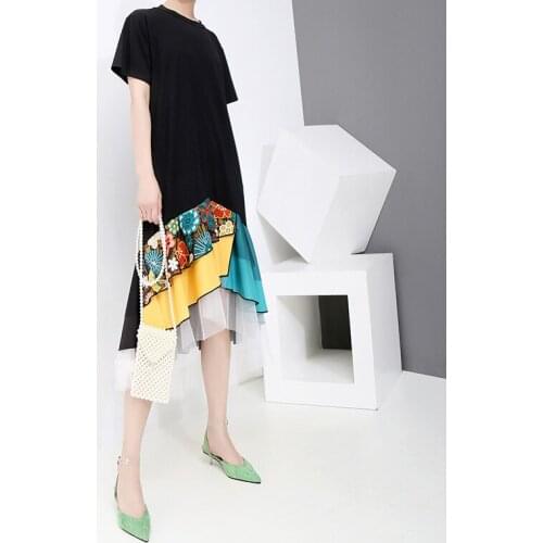 Black Mesh Patchwork Dress Women Flower Embroidery Dress Women Short Sleeve Mid-Calf Dress 2021 Z646
