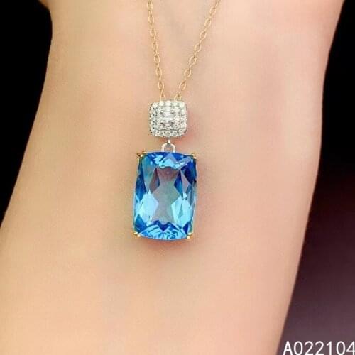 KJJEAXCMY fine jewelry 925 pure silver inlaid natural Swiss blue topaz women luxury elegant rectangle gem Pendant Necklace suppo
