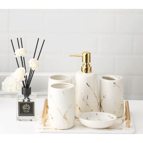 Ceramic Bathroom Accessory Set Washing Kit Imitation Marble Soap Dish Toothbrush Holder Storage Tray Liquid Soap Dispenser
