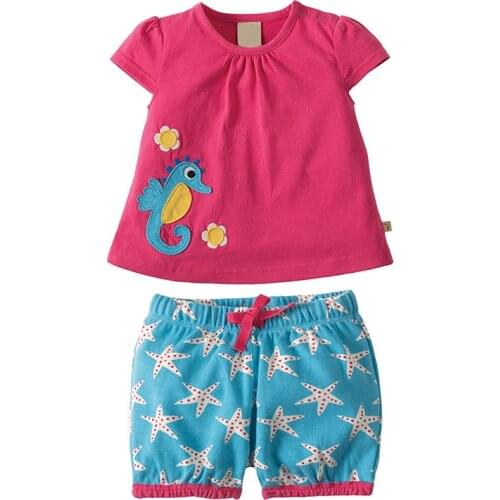 Little Maven New Summer Lovely Rose Sea Horse Appliques Starfish O-neck Quality Cotton Knitted Girls Casual Short Tshirt Sets
