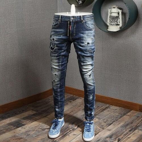 Italian Style Fashion Men Jeans Retro Blue Elastic Slim Fit Ripped Jeans Men Patch Painted Designer Hip Hop Denim Punk Pants