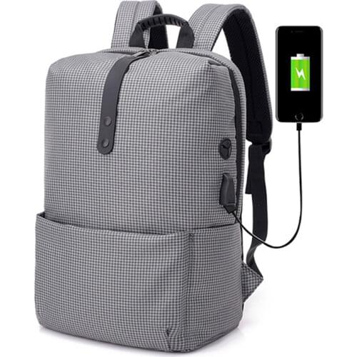 Fashion Nylon Plaid Backpack Men Casual Man Laptop Backpack Men Fit 14 Inch Laptop USB Recharging Large Space Travel Male Bag