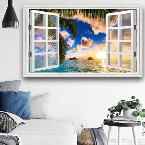 3D Window Landscape Coconut Sunsets Canvas Art Painting Posters and Prints Scandinavian Cuadros Wall Art Picture for Living Room