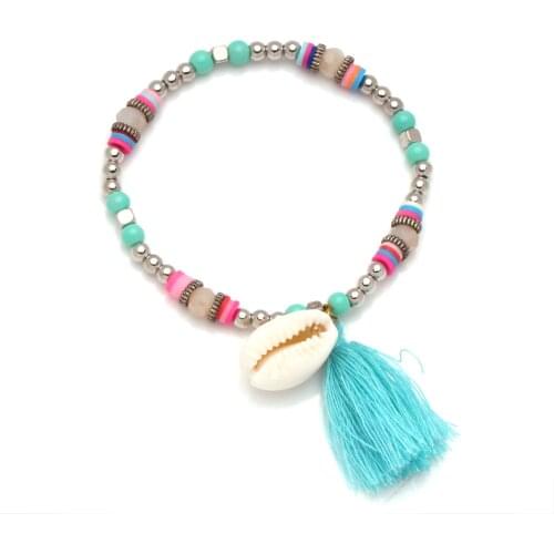 Boho Polymer Clay Heishi Beads Faceted Crystal White Natural Cowrie Seashell Stretch Bracelet Women Boho Turtle Tassels Jewelry