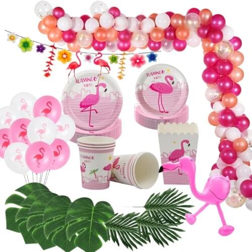 Pink flamingo tropical party Birthday party decoration Summer hawaiian garland Party luau decor Monstera leaf party desktop deco