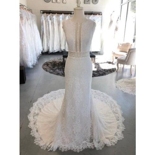 Wedding Dress Mermaid Boho Bride with Train Luxury White Wedding Gowns 2021 Lace Scoop Sleeveless Button Back