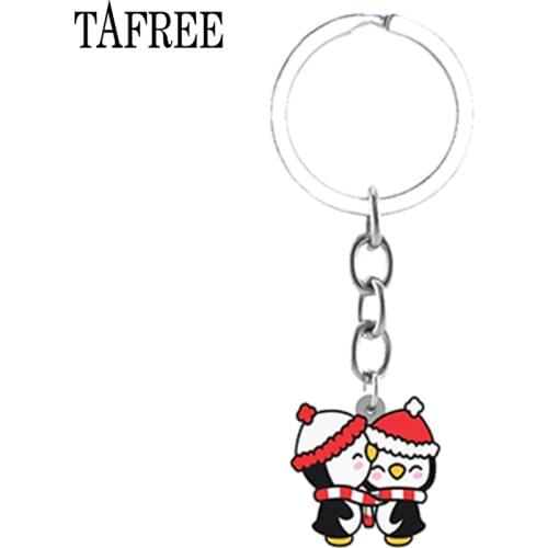 TAFREE Clever Penguin Cosplay Father Christmas Cartoon Acrylic Pendant Key Rings Metal Chain New Fashion Xmas Boys Jewelry C1367