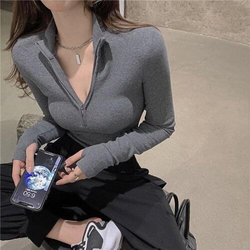 Spring new gray bottoming zipper long-sleeved slim short section T-shirt women