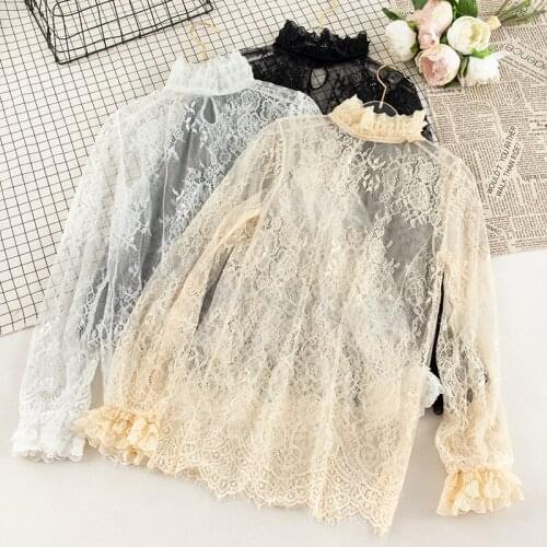 Elegant Women Flare Sleeve Hollow Out Lace Flower Mesh Gauze Voile Basic Ruffles Shirt Vintage Elastic Slim Pullover Blouse Tops