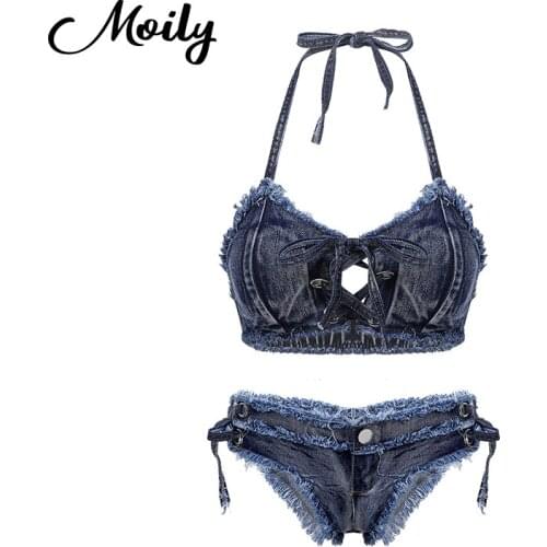 Lady Sexy Jazz Pole Dance Wear Set Halter Neck Denim Bikini Bra Tops Lace-up Crop Top Brief Shorts Hot Pants Outfit Rave Clothes