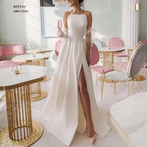 New Arrival Satin Ivory Sexy Cheap Wedding Dress 2020 High Slit Gowns Sukienki Vestido De Casamento Long Dresses Robe De Mariee