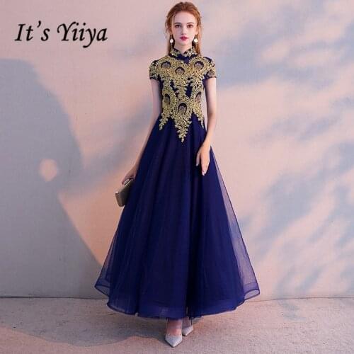 Its YiiYa Evening Dress Vintage Gold Lace Embroidery Party Dresses Elegant Blue Zipper Long Formal Gown For Women E021
