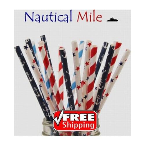 200pcs Mixed 4 Designs NAUTICAL MILE Themed Paper Straws-Stripe,Star,Anchor-Blue,Red,Navy-Party Accessories,Marine Decor,Sailor