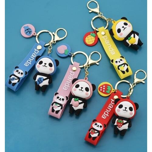 2021 Cute PVC Fruit Panda Keychain Silicone Key Chains for Women Chunky Animal Keyring Charms Car Key Holder Bag Ornaments Gift
