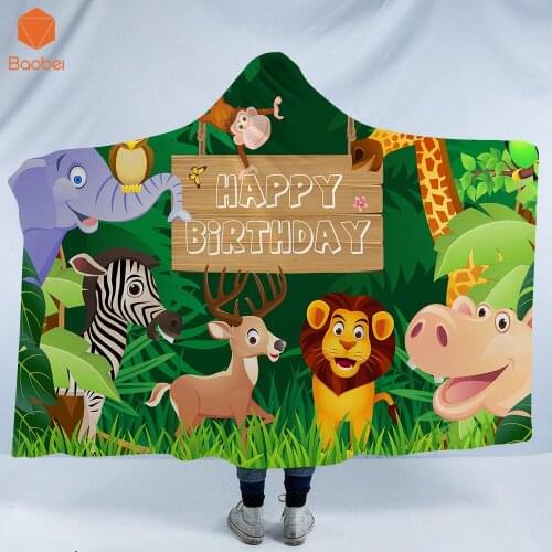 3D Printed Happy Birthday Zoo Hooded Throw Blanket for Adults Floral Gothic Sherpa Fleece Wearable On Bed Sofa Dropship